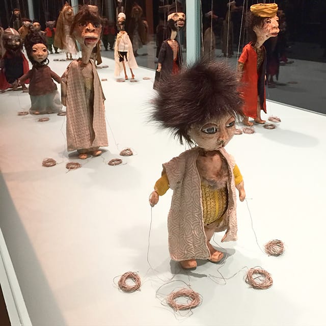 Some of the marionettes in Wael Shawky's 'Crusader Cabaret' at MoMA PS1 (photo by Hrag Vartanian/Hyperallergic)