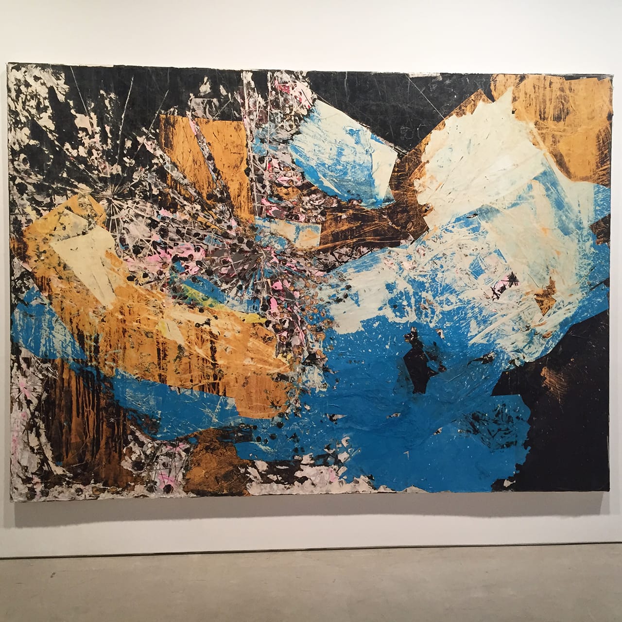 Mark Bradford, "Let's Walk to the Middle of the Ocean" (2015), mixed media on canvas, 259.1 x 365.8 cm / 102 x 144 in (all photos by the author for Hyperallergic)