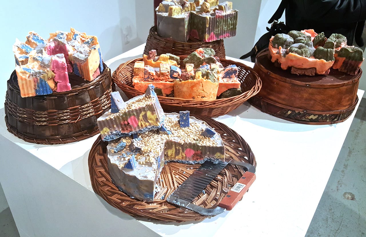 "Soap" (2015), handcrafted soap, oats, salt, essential oils, pigment, baskets
