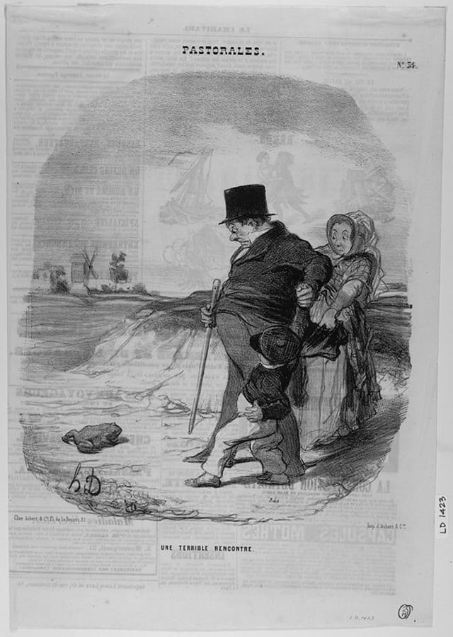 Honoré Daumier, "Une Terrible Rencontre" (1845). The illustration shows an urban family horrified by a frog in the countryside. (courtesy Benjamin A. and Julia M. Trustman Collection of Honoré Daumier Lithographs Robert D. Farber University Archives & Special Collections Department Brandeis University)
