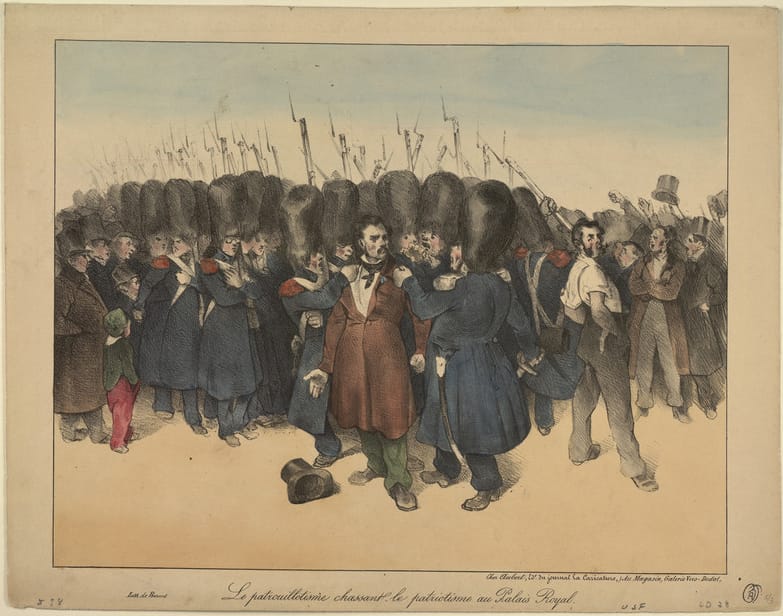 Honoré Daumier, "Le patrouillotisme chassant le patriotisme du Palais-Royal" (1831). The lithograph shows troops expelling Republicans and arresting protesting workers in the Palais-Royal gardens, an event which occurred from December 20 to 22, 1830. (courtesy Benjamin A. and Julia M. Trustman Collection of Honoré Daumier Lithographs Robert D. Farber University Archives & Special Collections Department Brandeis University)