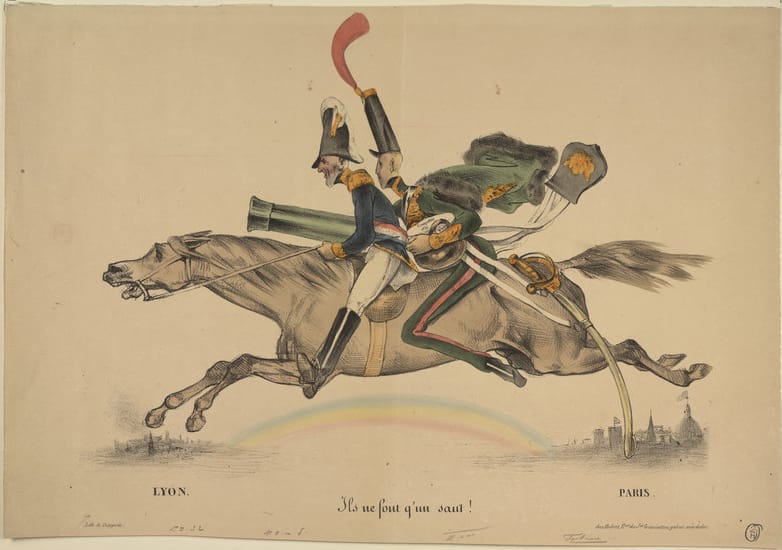 Honoré Daumier, "Lyon — Paris, Ils ne font qu'un saut!" (1831), showing Fredinand, Duke of Orléans, with Marshall Soult, their horse jumping from Paris to Lyon in their rush to crush the insurrection against a wage cut in the silk industry. Daumier considered this a useless exercise, and his second and third editions of the print were censored. (courtesy Benjamin A. and Julia M. Trustman Collection of Honoré Daumier Lithographs Robert D. Farber University Archives & Special Collections Department Brandeis University)