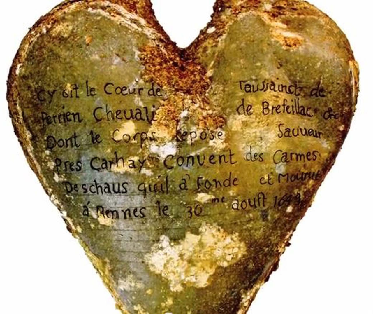 Heart-shaped lead urn with an inscription identifying the contents as the heart of Toussaint Perrien, Knight of Brefeillac.