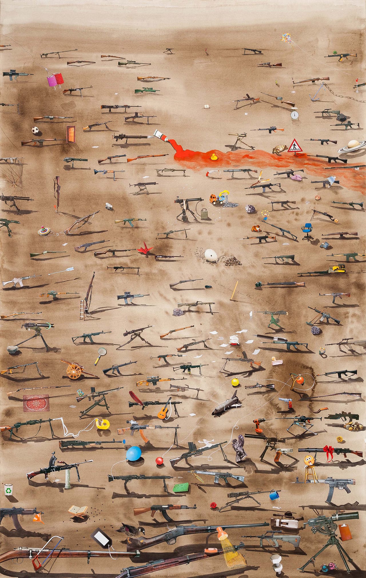 Hema Upadhyay, "Fish in a dead landscape" (2014), acrylic, gouache, poster color, dry pastels, charcoal, photographs, and copyright free images on paper, 72 x 48 in (photo by Anil Rane, image courtesy Chemould Prescott Road and the artist) 