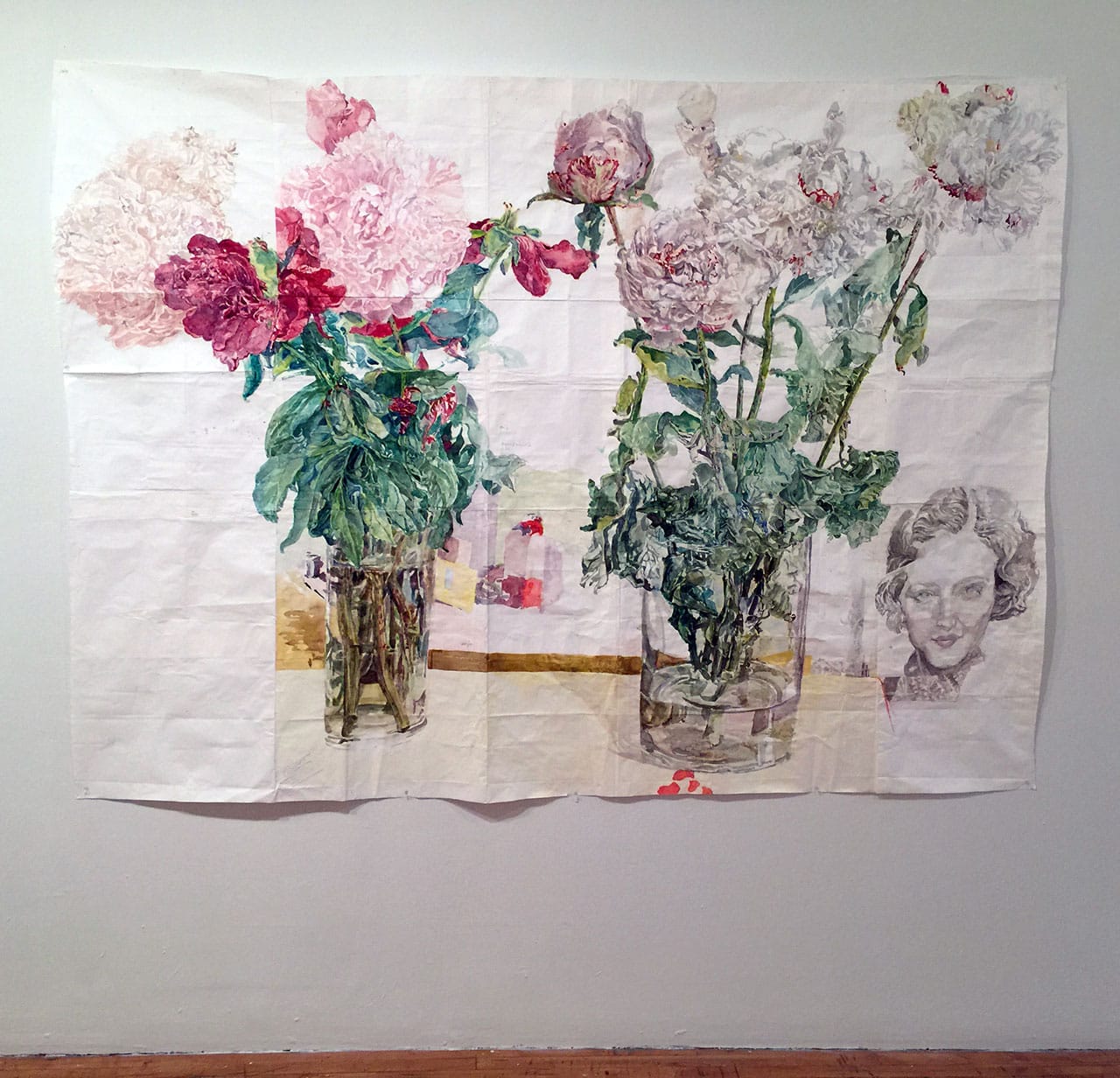 Dawn Clements, “Peonies” (2014) (photo by Hrag Vartanian/Hyperallergic)
