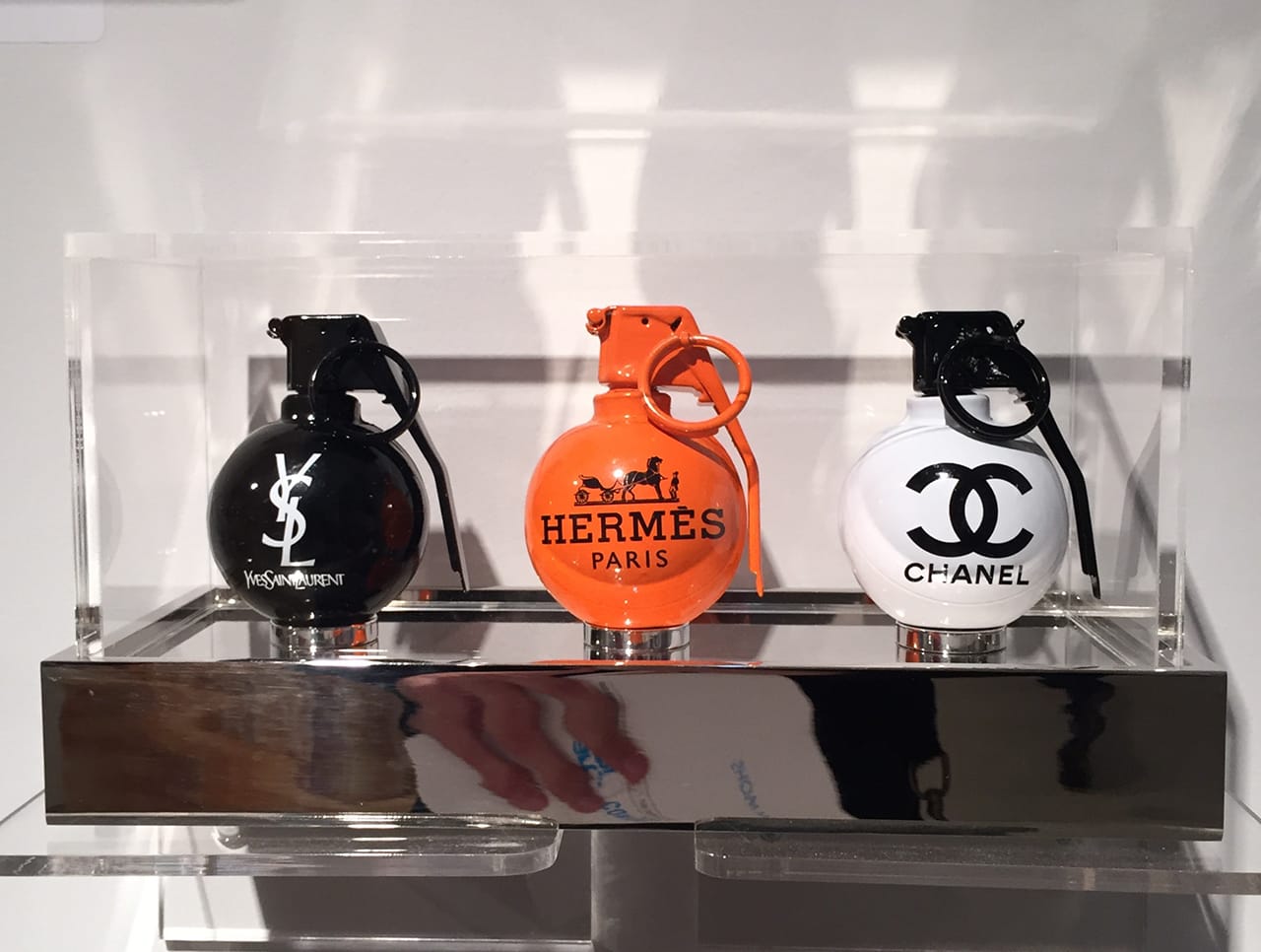 Bruce Makowsky, "Pull the Pin - YSL," "Pull the Pin - Hermes," and "Pull the Pin - Chanel" at McLoughlin Gallery