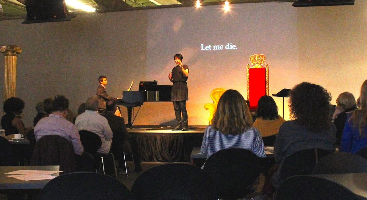 Joseph Keckler performing "Let Me Die" at the Museum of Contemporary Art Detroit (all photos by the author for Hyperallergic)