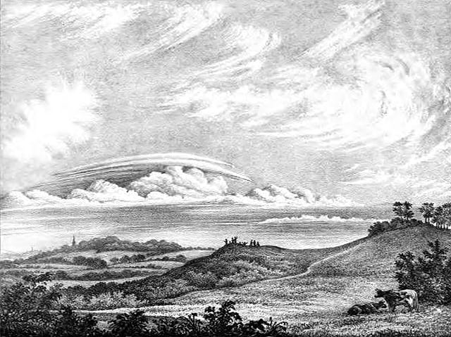 "Cumulostratus forming, fine weather cirri above" from 'Essay on the modifications of clouds' by Luke Howard (1865 edition) (via Internet Archive)