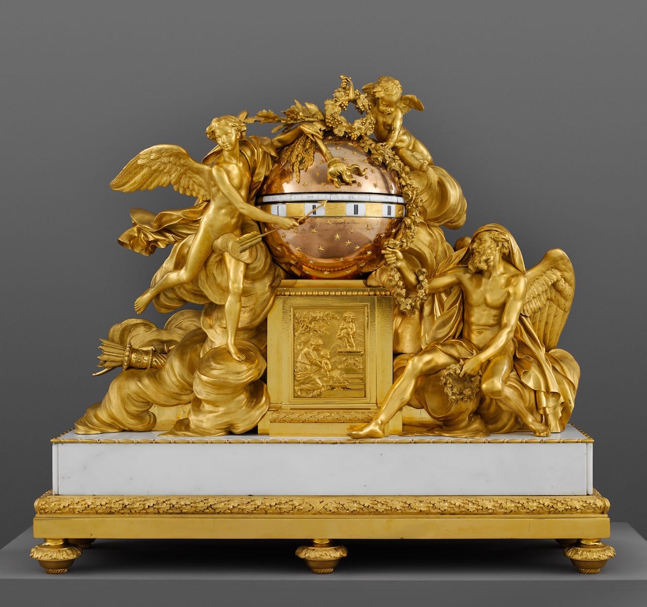 Mantel clock, Maker: Clockmaker: Jean-Baptiste Lepaute (French, 1727–1802) Modeler: Figures modeled by Augustin Pajou (French, Paris 1730–1809 Paris) Founder: Figures cast by Étienne Martincourt (French, active 1762–1800) Ca. 1780–90 Medium: Gilt bronze, marble, enamel Dimensions: Overall (Wt. confirmed): 37 x 41 x 12 1/2 in., 379lb. (94 x 104.1 x 31.8 cm, 171.9133kg) The Metropolitan Museum of Art, Gift of J. Pierpont Morgan, 1917