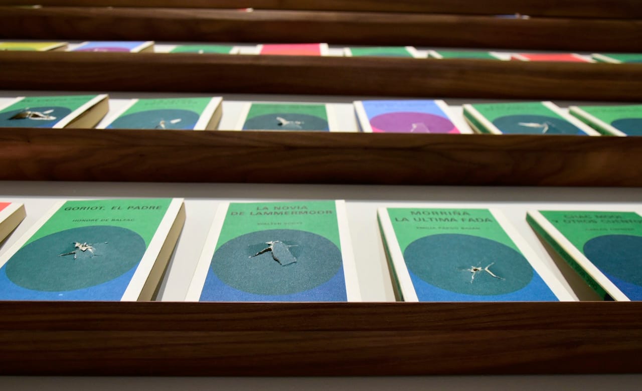 Detail of Gonzalo Lebrija's "Libros boleados" (2015) in 'A Sense of Place' at Mana Wynwood