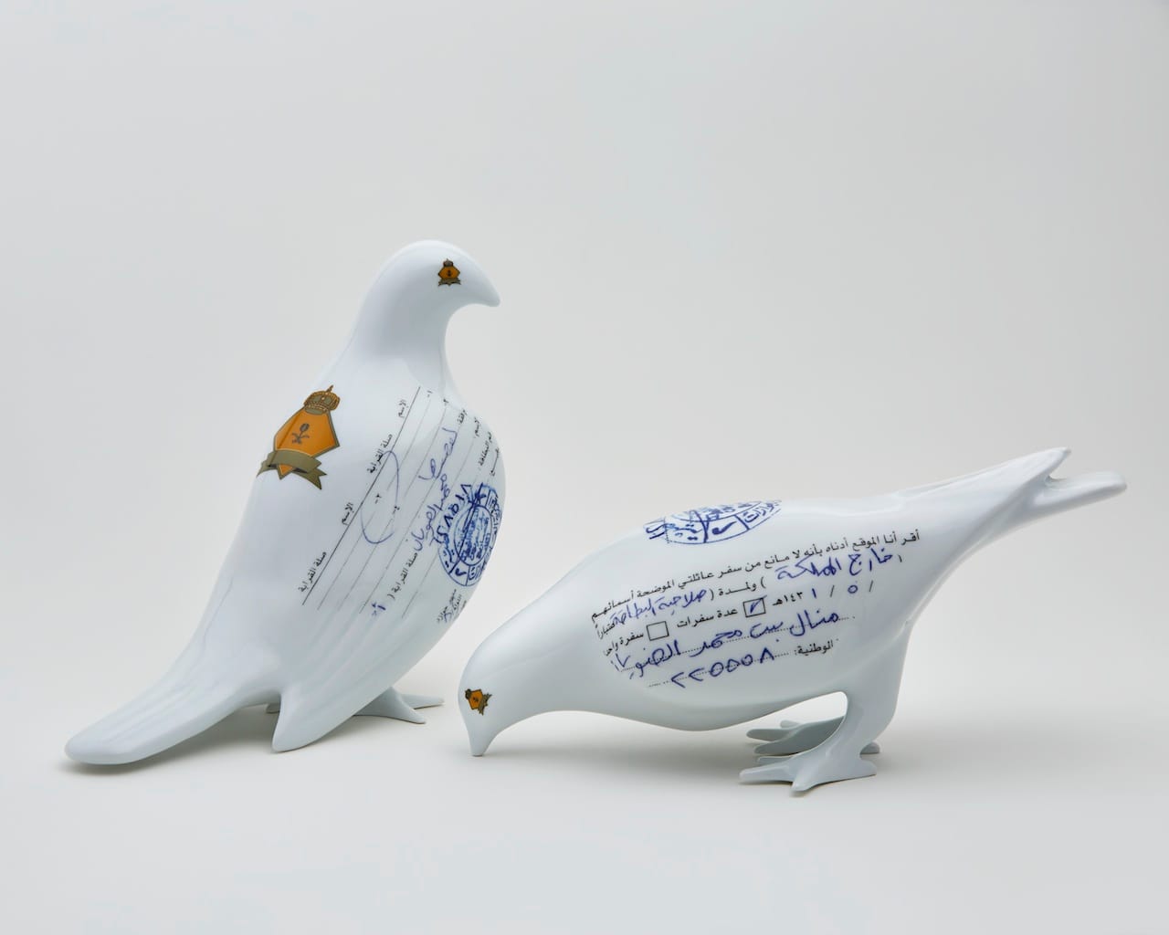 Manal al-­‐Dowayan, "Suspended Together – (Standing Dove, Eating Dove)" (2012), porcelain, 20 x 10 x 23 cm each (photo by Miguel Veterano)