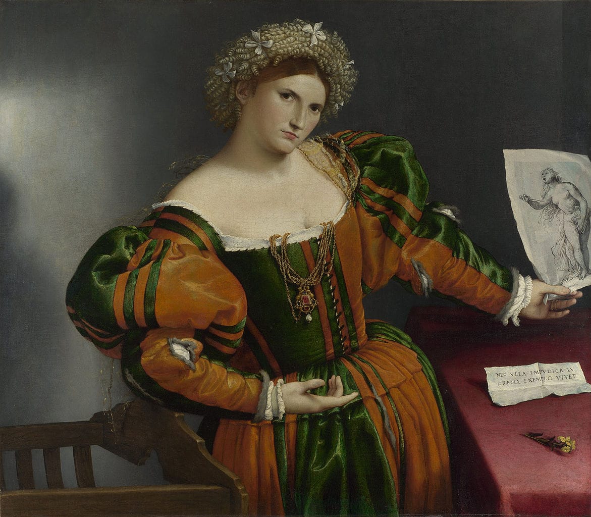 Lorenzo Lotto, "Portrait of a Woman inspired by Lucretia" (16th century), oil on canvas. (via National Gallery/Wikimedia). The image on Wikimedia through the Google Cultural Institute is one of the high resolution images of public domain art protected against new copyright.