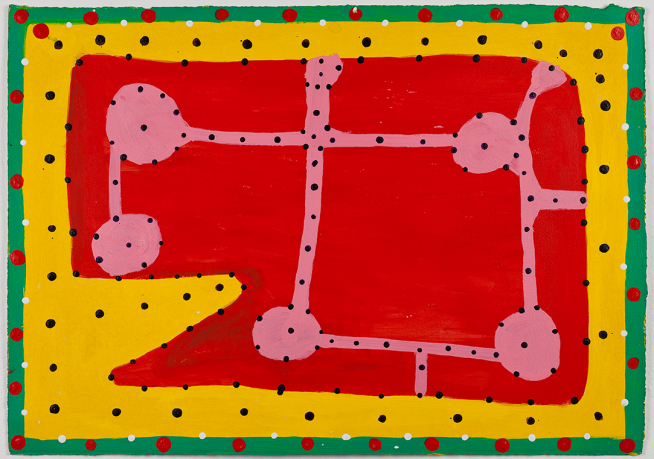 Ngarra, "Yalyalji and Malngirri" (2006), synthetic polymer paint on paper. 14 x 20 inches. (© Ngarra estate, courtesy Mossenson Galleries, Perth. Photo: Frank Casale)