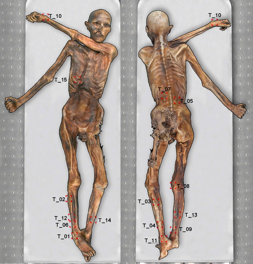 A map of the 19 main areas of Ötzi's tattoos (courtesy EURAC/M.Samadelli/M.Melis)