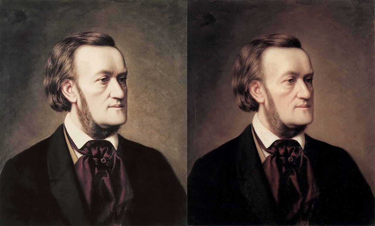 Different versions of Cäsar Willich's "Portrait of Richard Wagner" (ca. 1862) available on Wikimedia Commons. The photo at left comes from the Wagner Society Hong Kong, while the one at right was shot by the Reiss Engelhorn Museum's house photographer, Jean Christen. (via Wikimedia Commons and Wikimedia Commons)
