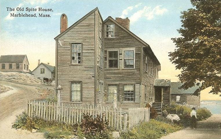 The Old Spite House in Marblehead, Massachusetts, constructed in 1715 by Robert Wood for the Graves brothers, who were quarreling fishermen (1912 postcard) (via Wikimedia)