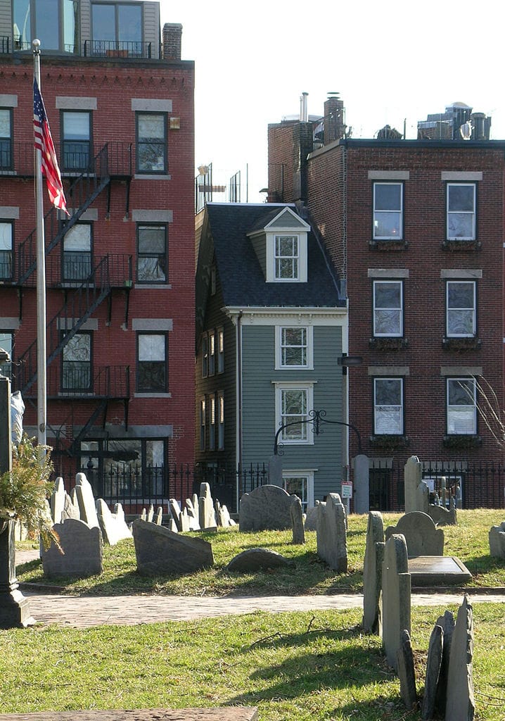 The Skinny House of Boston, viewed through the Copp's Hill Burying Ground (photo by John Stephen Dwyer/Wikimedia)
