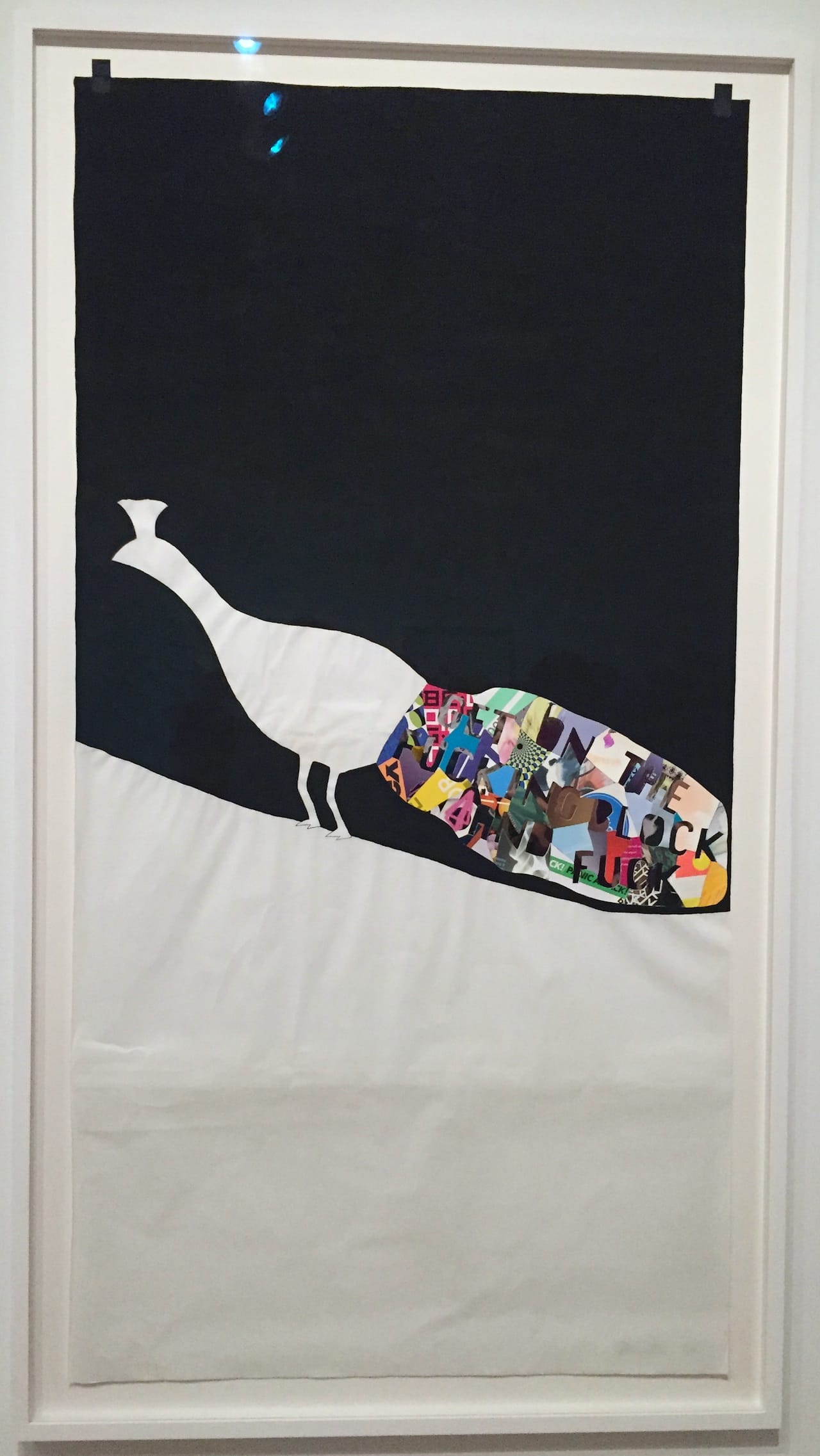 Frances Stark, “Get on the fucking block and fuck. Or don’t.” (detail) (2008), vinyl paint, collage on rice paper backed with mylar, 2 parts, each 185 x 96 cm ( photo by Matt Stromberg/Hyperallergic)