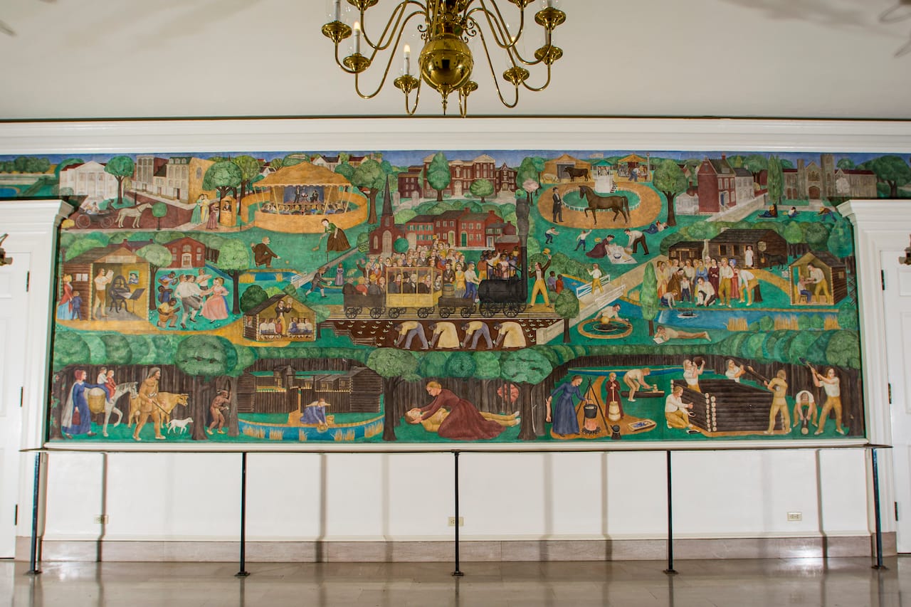 Installation view of Ann Rice O’Hanlon's mural in the University of Kentucky's Memorial Hall (photo by Tim Webb, courtesy University of Kentucky)