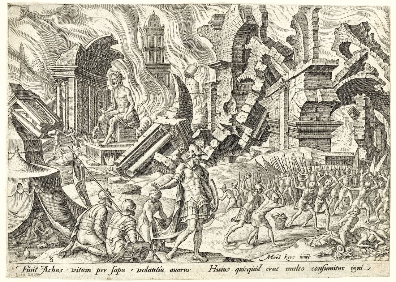 Philips Galle, d'après Maarten van Heemskerck, Judaeae gentis clades, 1569, burin : Le sac de Jéricho et la punition d'Akân (pl. 8). © Bruxelles, Bibliothèque royale de Belgique.