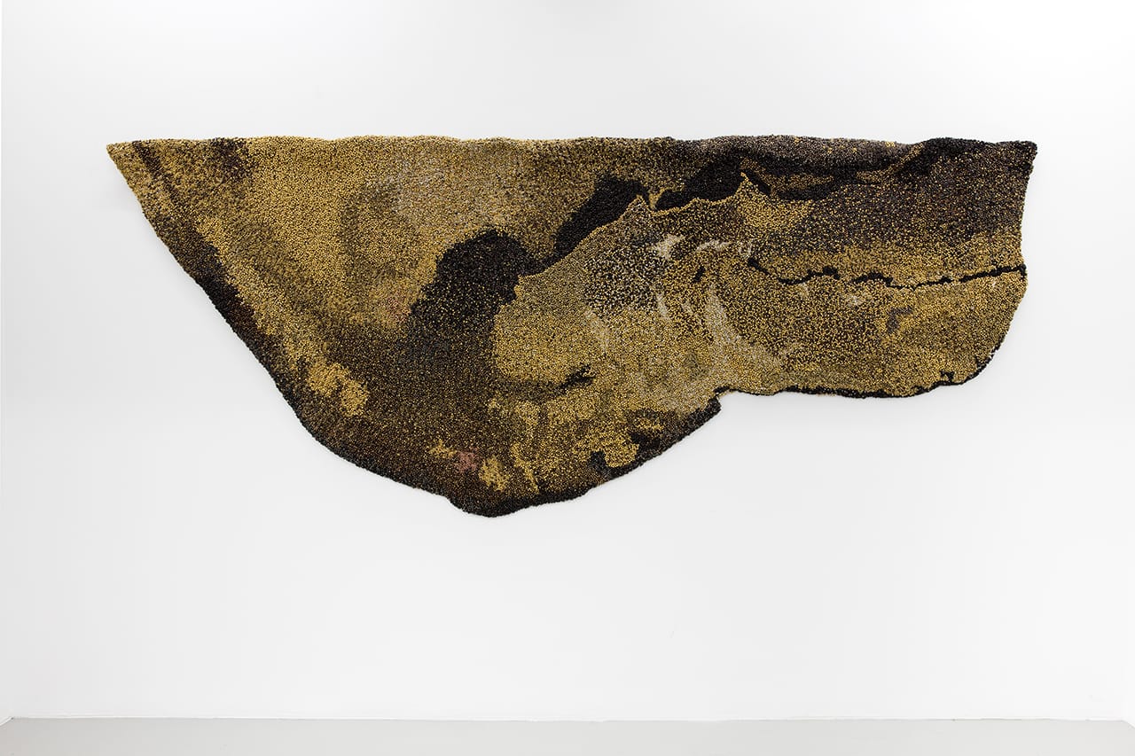 Vibha Galhotra, "Untitled"(from the 'Flow' series, 2015), nickel coated ghungroos, fabric, polyurethane coat, 56 1/2 x 138 1/2 x 2 5/8 in