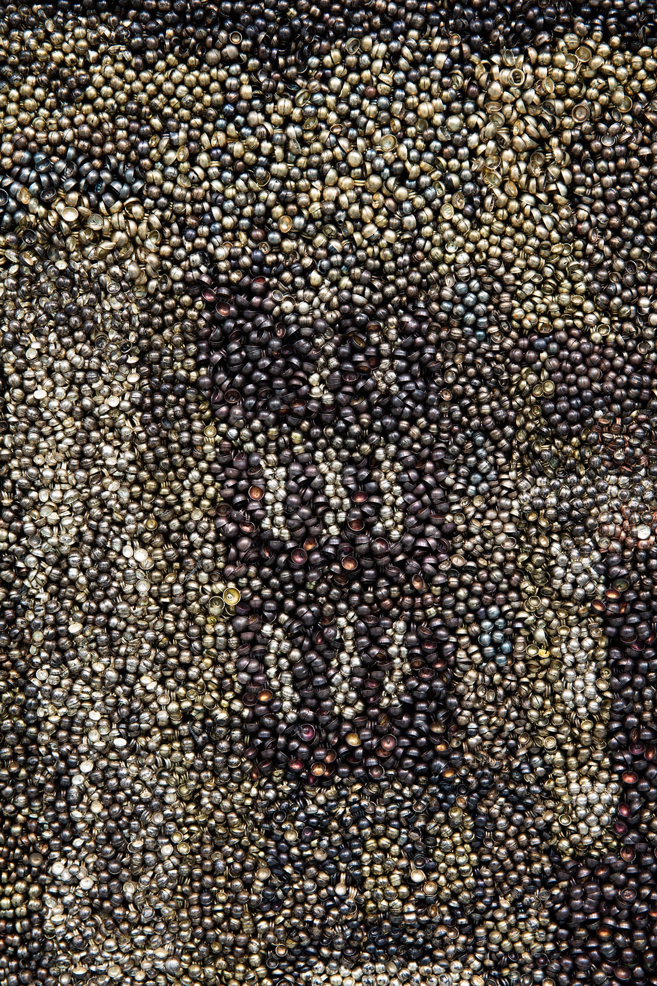 Viba Galhotra, "Majnu Ka Tila" (detail, 2015), nickel coated ghungroos, fabric, wood, polyurethane coat, 52 x 178 x 2 in (click to enlarge)