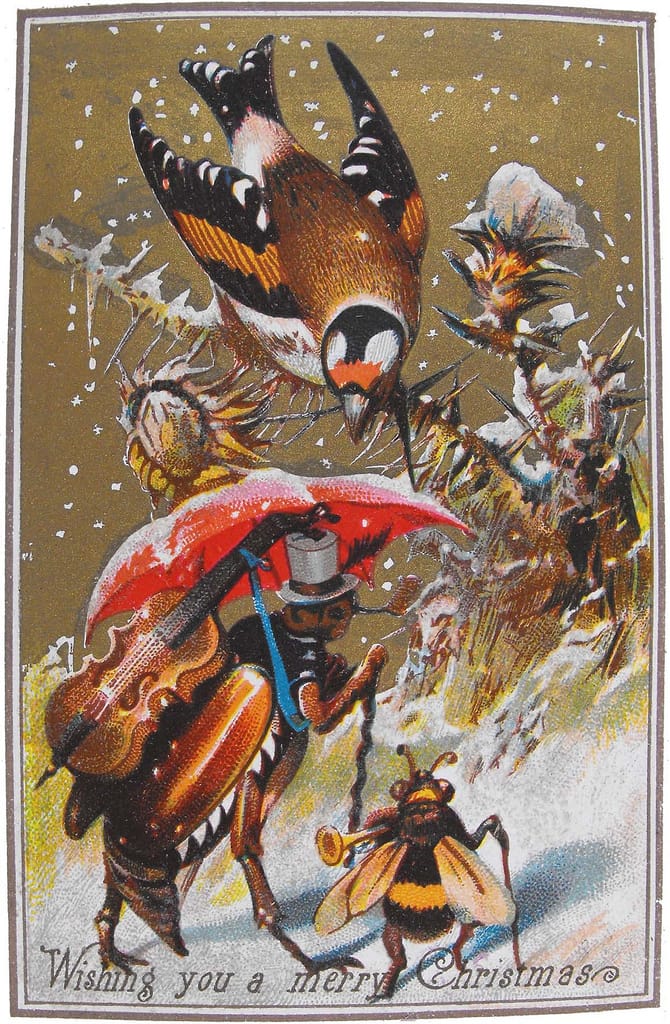"Wishing you a merry Christmas," featuring a goldfinch, bee, and cricket (via University of Glasgow Library/Flickr)
