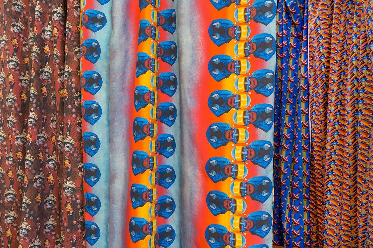 Detail of the hanging fabric panels in 'Jemima Wyman: Conjuring Radical Openness' (click to enlarge)