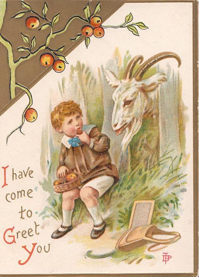 "I have come to greet you" (inside it says: "Loving Christmas greetings, may smiling faces ring around your glowing hearth this Christmas day, may fun and merriment abound, and all your world be glad and gay" (via TuckDB Ephemera)