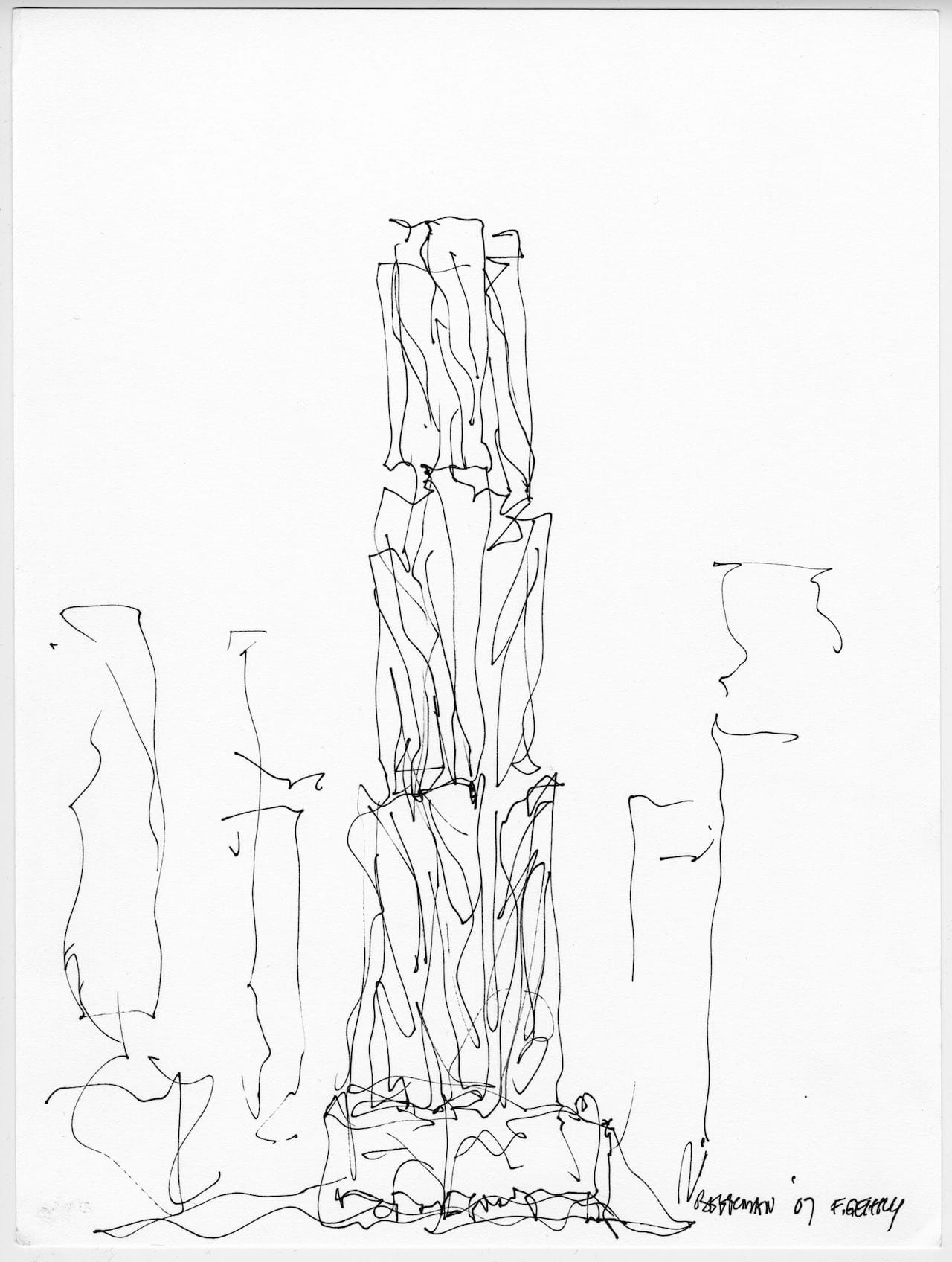Frank Gehry, 8 Spruce Street Design, sketch and volume study, New York, New York (2007) (Collection Frank Gehry, Los Angeles ©2015 Gehry Partners, LLP, image courtesy Gehry Partners)