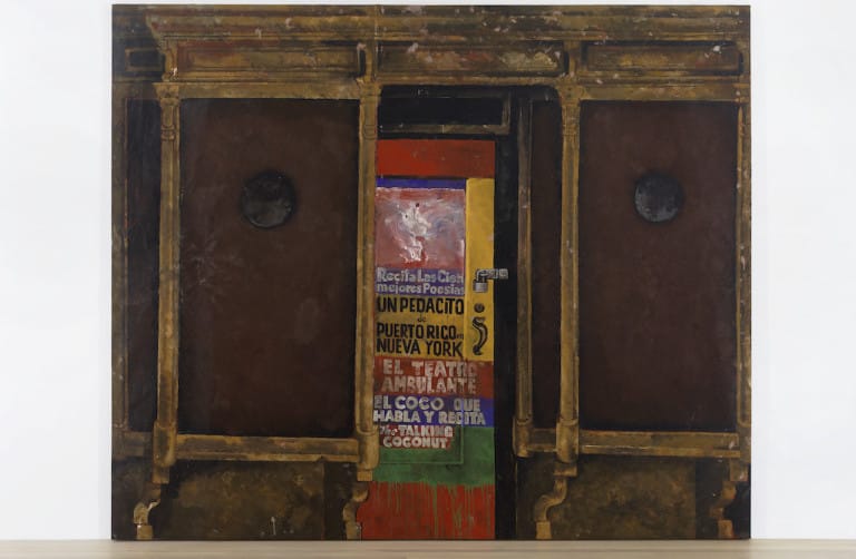 Martin Wong, "Untitled (Poetry Storefront)" (1986), acrylic on canvas, 96 x 114 inches (courtesy the Estate of Martin Wong, P.P.O.W., and Galerie Buchholz, New York)