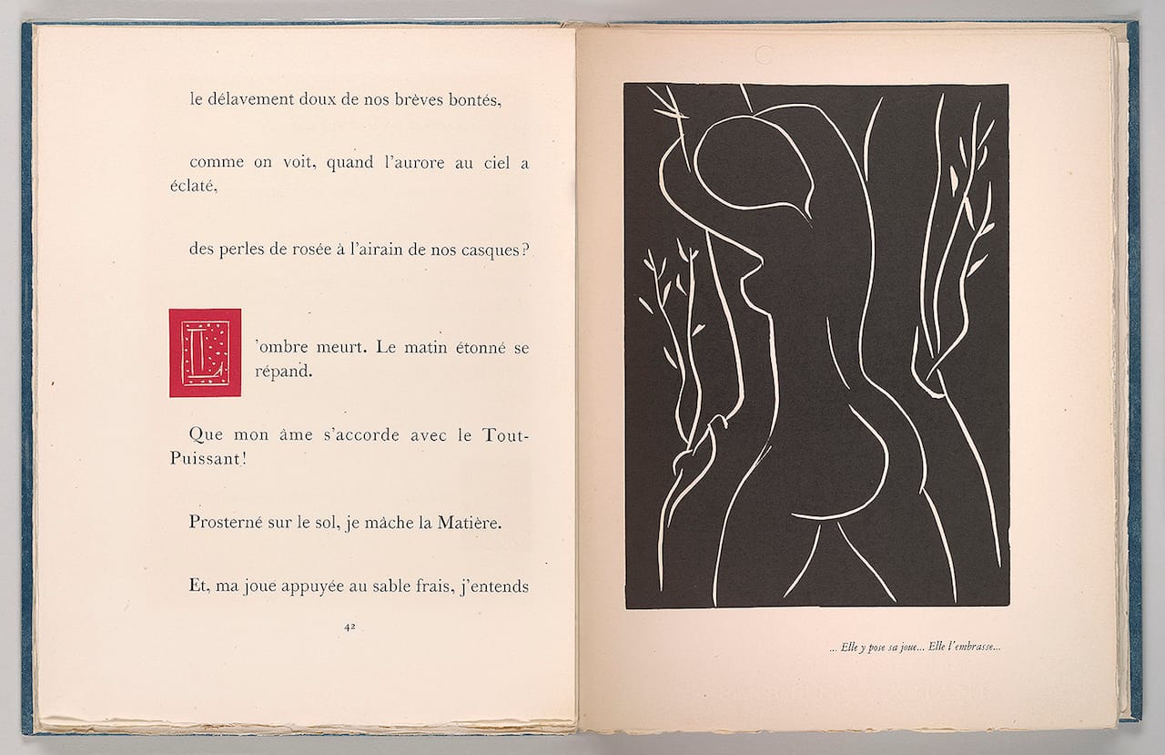 Henri Matisse, linocut illustration and initial in Henry de Montherlant (1895–1972), Pasiphaé, Chant de Minos (Les Crétois) (Paris: Martin Fabiani, 1944. Frances and Michael Baylson Collection, The Morgan Library & Museum, © 2015 Succession H. Matisse / Artists Rights Society (ARS), New York, photography by Graham S. Haber, 2015)