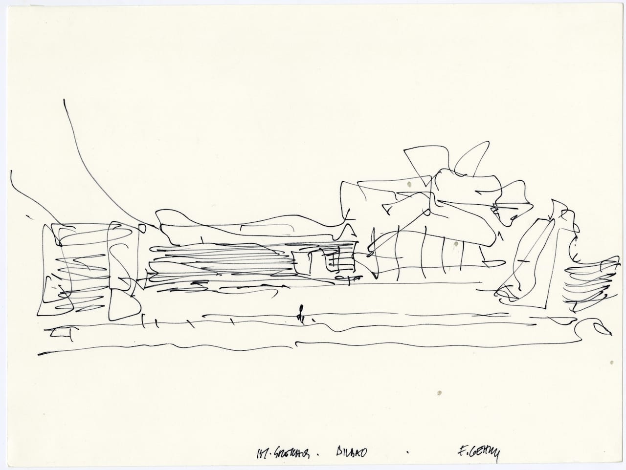 Frank Gehry, Guggenheim Museum Bilbao, design sketch of the riverfront elevation, Bilbao, Spain (c. 1991) (Collection Frank Gehry, Los Angeles © 2015 Gehry Partners, LLP, image courtesy Gehry Partners, LLP)
