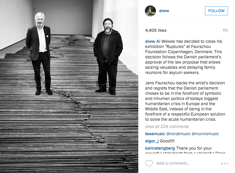 Ai Weiwei's Instagram announcing his withdrawal of his exhibition from the Faurschou Foundation (screenshot via @aiww/Instagram)