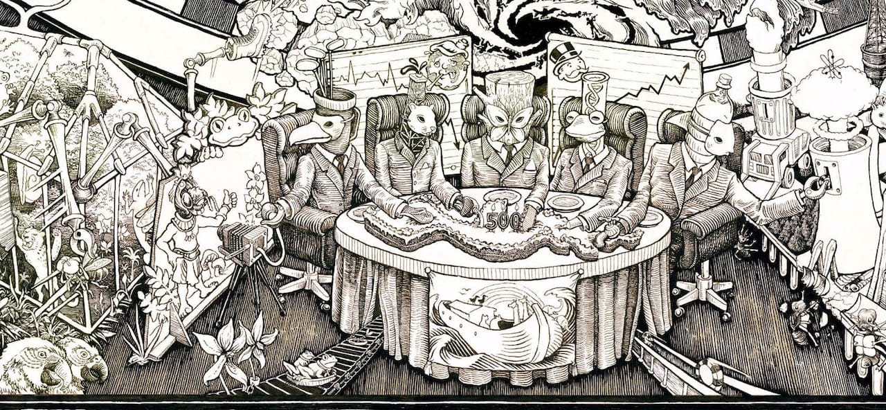 Beehive Collective, "Greenwashing scene from the Mesoamerica Resiste Poster" via facebook)