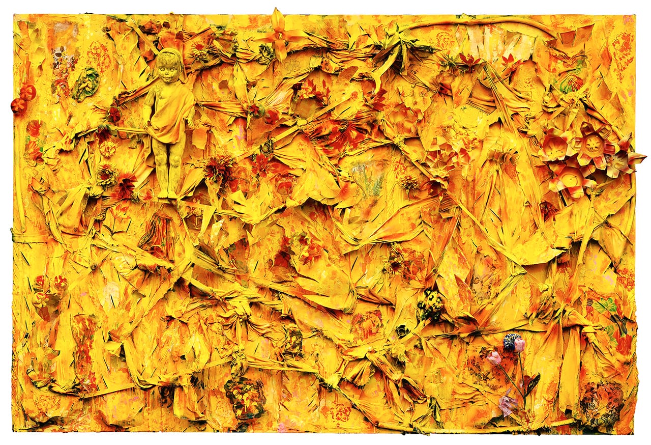 Thornton Dial, “Beginning of Life in the Yellow Jungle” (2003), plastic soda bottles, doll, clothing, bedding, wire, found metal, rubber glove, turtle shell, artificial flowers, Splash Zone compound, enamel, and spray paint on canvas on wood, 75 x 112 x 13 inches, collection of Nancy and Tim Grumbacher (photo by Stephen Pitkin/Pitkin Studio, courtesy Souls Grown Deep Foundation) (click to enlarge)