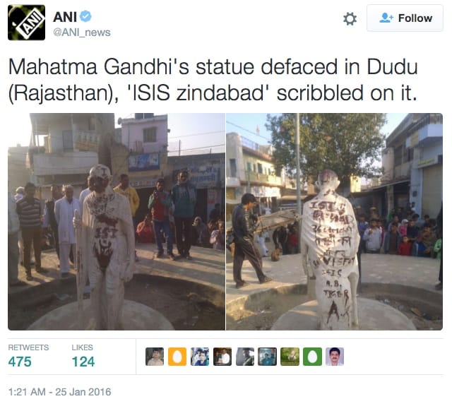 The vandalized Gandhi statue in Dudu (screenshot via @ANI_news/Twitter)
