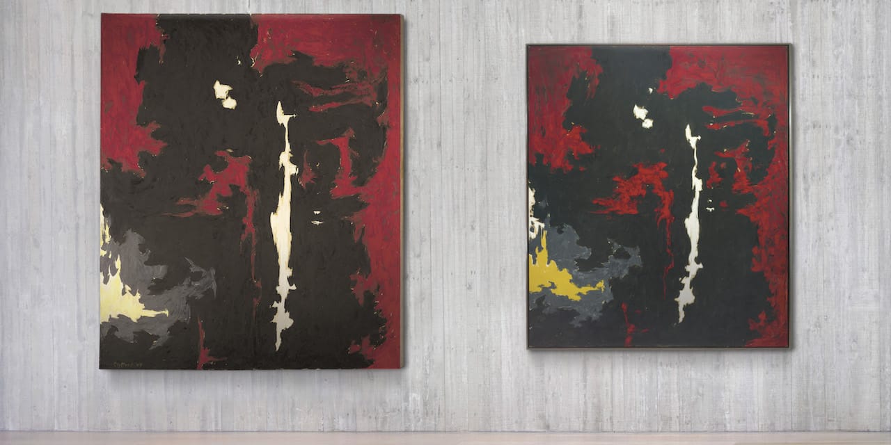 Installation view of 'Repeat/Recreate' at the Clyfford Still Museum with "PH-89" (1949, left, private collection © City and County of Denver) and "PH-177" (1949, right, Glenstone) (photo by Tim Nighswander/Imaging4Art.com © City and County of Denver / ARS, NY)