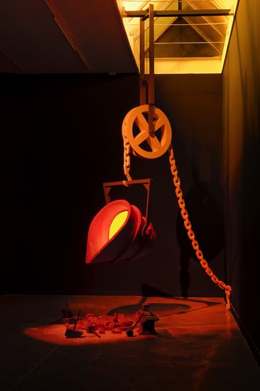 Ericka Beckman, "The Forge Bucket and Chain Prop" 1986), Wood, styrofoam, cardboard, paper mache, paint, Dimensions Variable via http://www.cherryandmartin.com/exhibitions/190