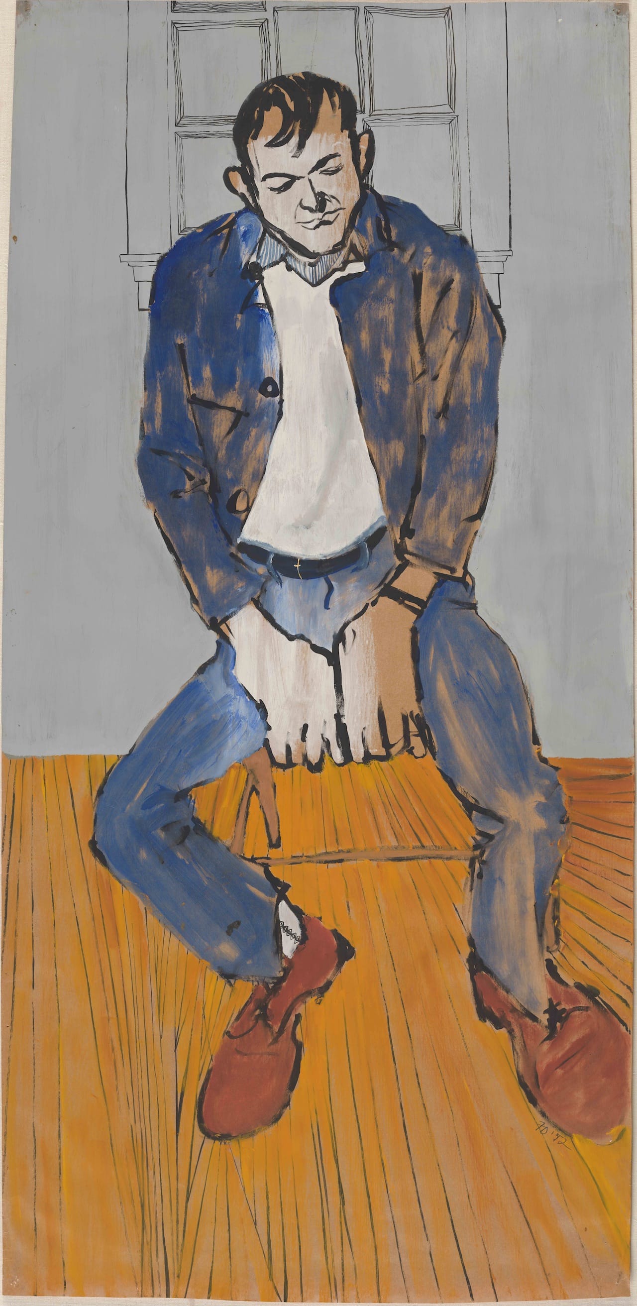 Fielding Dawson, "Cy Twombly at Black Mountain" (1951), casein on butcher paper, 50 x 24 inches, Fielding Dawson papers, Archives and Special Collections, Thomas J. Dodd Research Center, University of Connecticut (© Estate of Fielding Dawson, photo courtesy University of Connecticut Libraries) (click to enlarge)