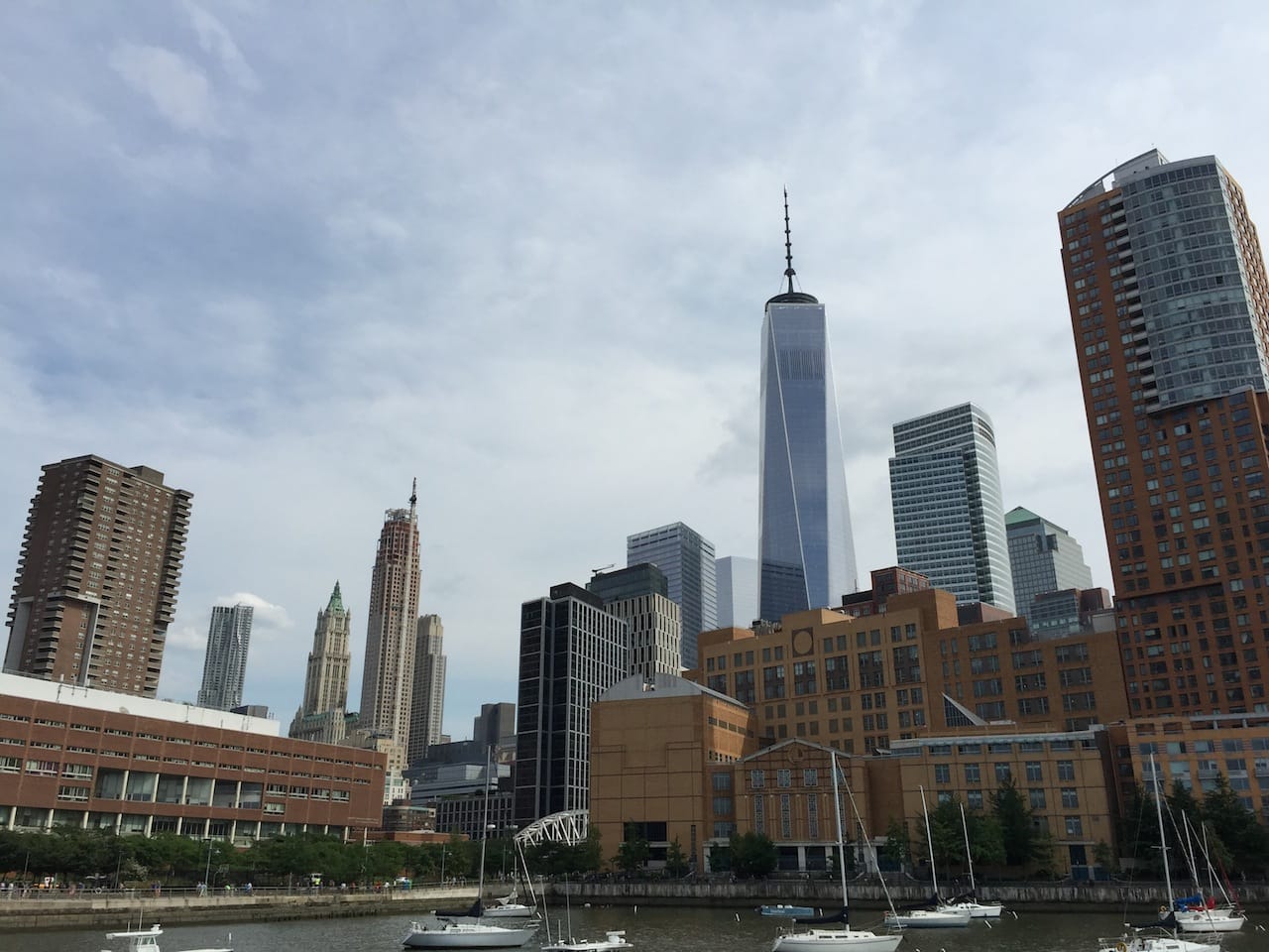 Financial district viewed from Tribeca piers; left to right: Frank Gehry tower, Robert A.M. Stern tower, 1 WTC