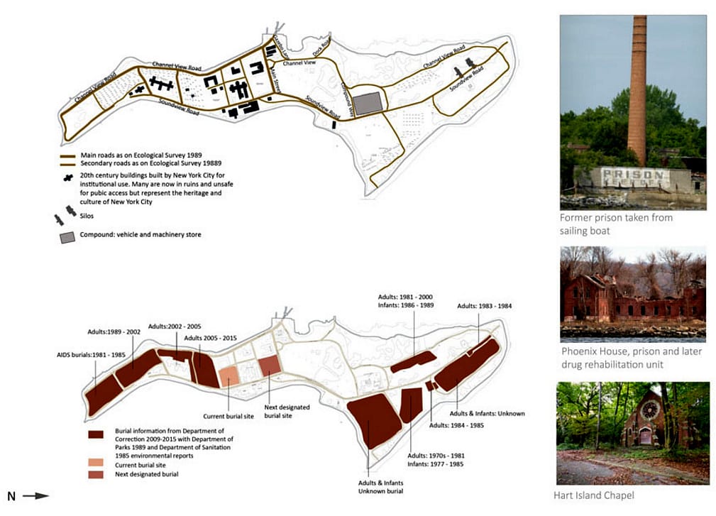 Map of existing roads, buildings, and burial sites (courtesy Hart Island Project)