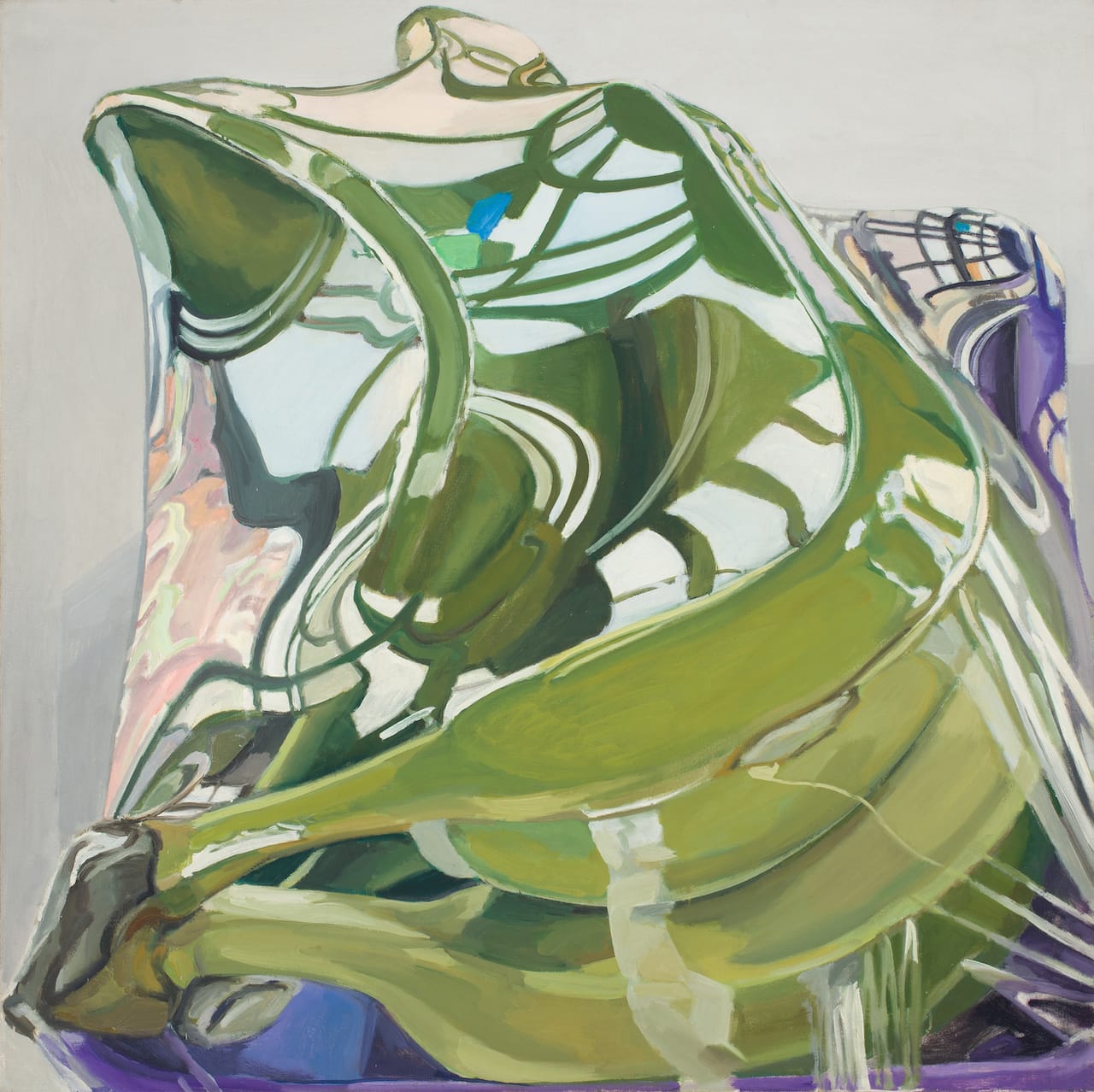 Janet Fish, "Plantains in a Box" (1969), oil on canvas, 44 x 44 in