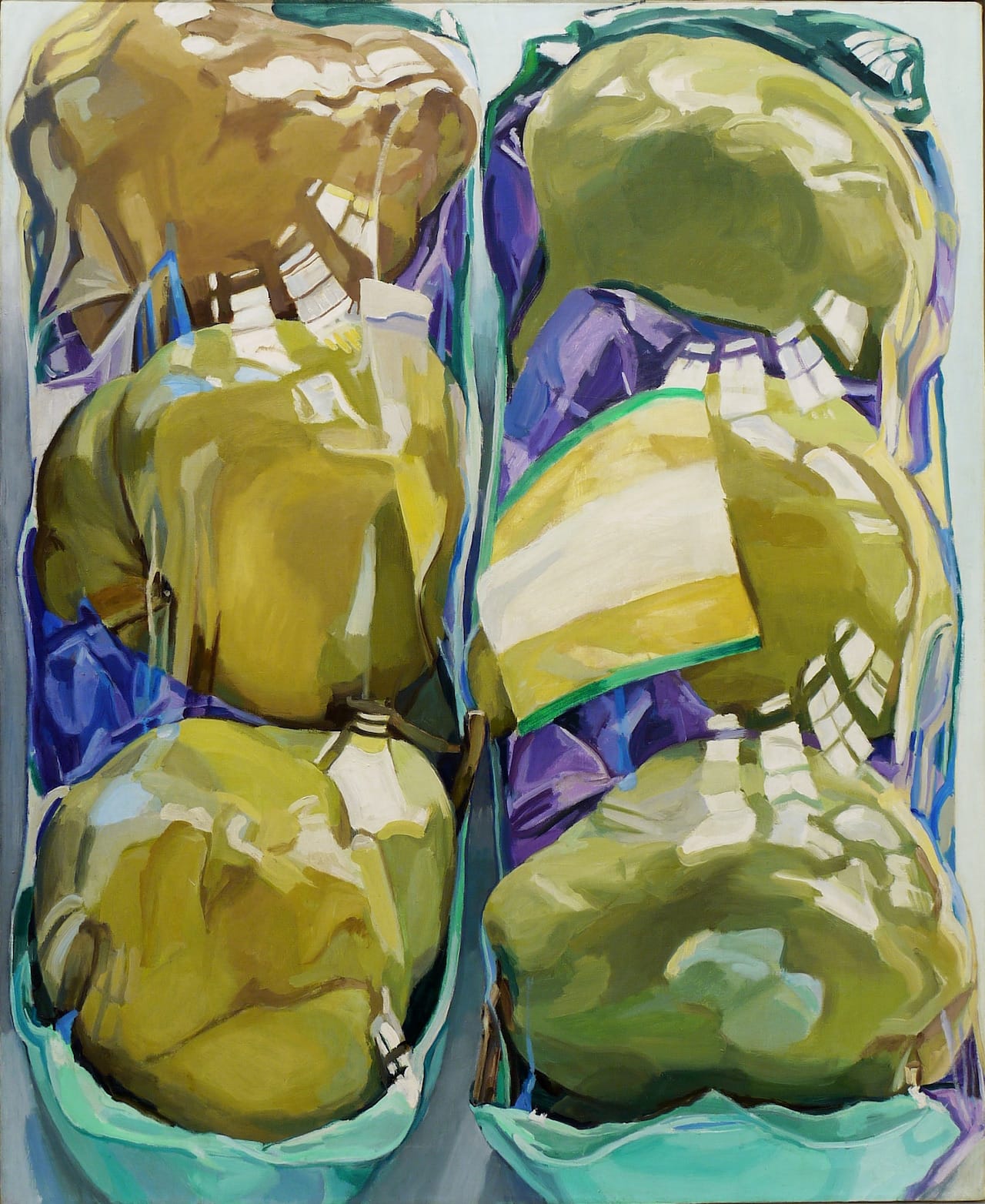 Janet Fish, "Untitled (Two Packages of Pears)" (1969), oil on canvas, 52 1/4 x 42 in