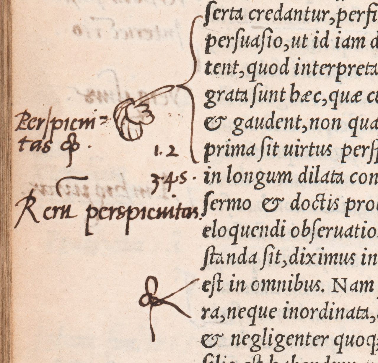 A small pointing hand — known as a manicule — drawn in the margin of a book of classical rhetoric, owned and heavily annotated by John Dee. (Quintilian, 'Institutionum oratoriarum,' published Lyon, 1540) (© Royal College of Physicians / Mike Fear)