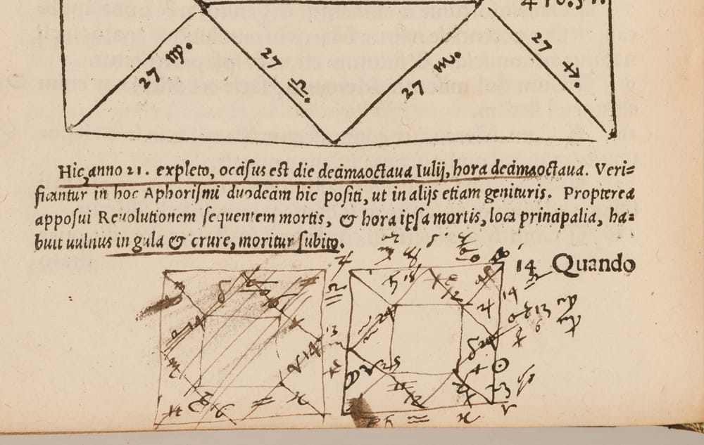 Two attempts at a horoscope chart, drawn in haste by John Dee in the margins of a book about astrology. (Girolamo Cardano, 'Libelli quinque,' published Nuremberg, 1547) (© Royal College of Physicians / John Chase)