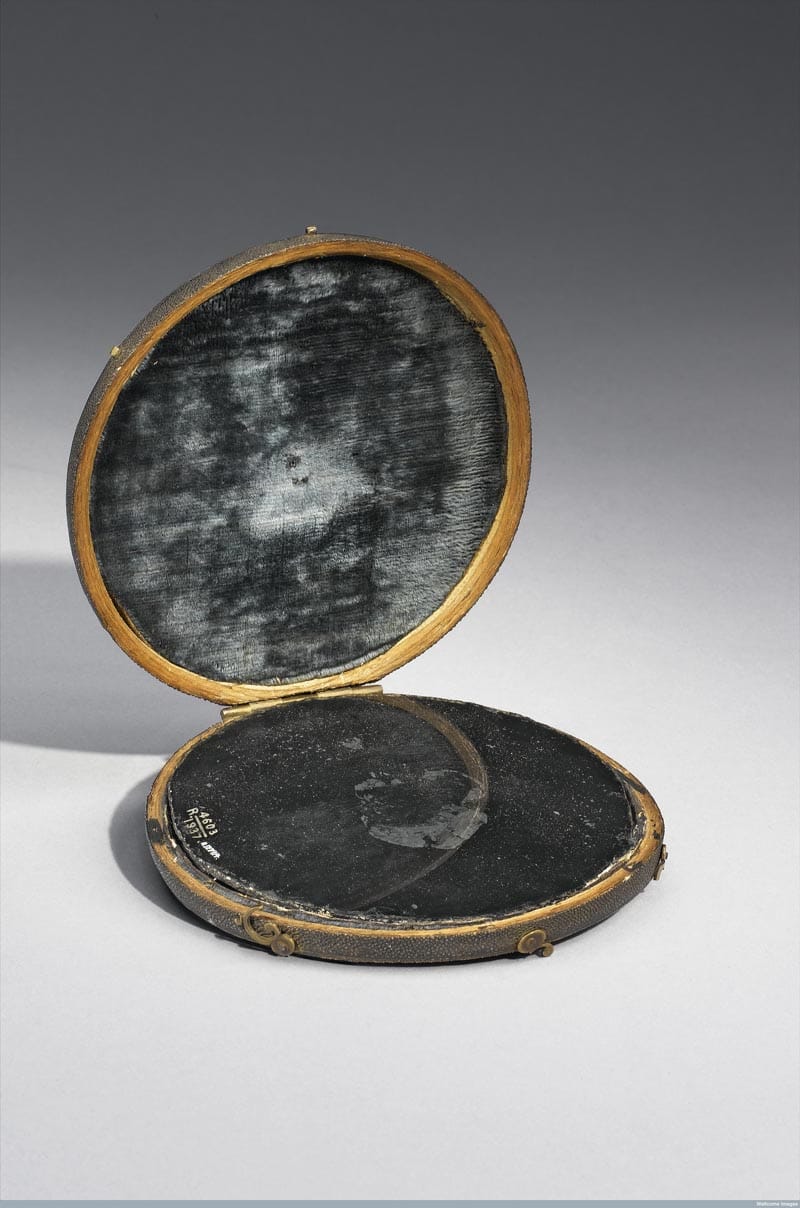Claude Lorrain mirror in shark skin case, believed at one time to be John Dee's scrying mirror. (courtesy Science Museum, London / Wellcome Images)