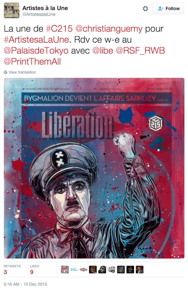 Street artist C215's contribution to 'Artistes à la une' (screenshot via @ArtistesalaUne/Twitter)
