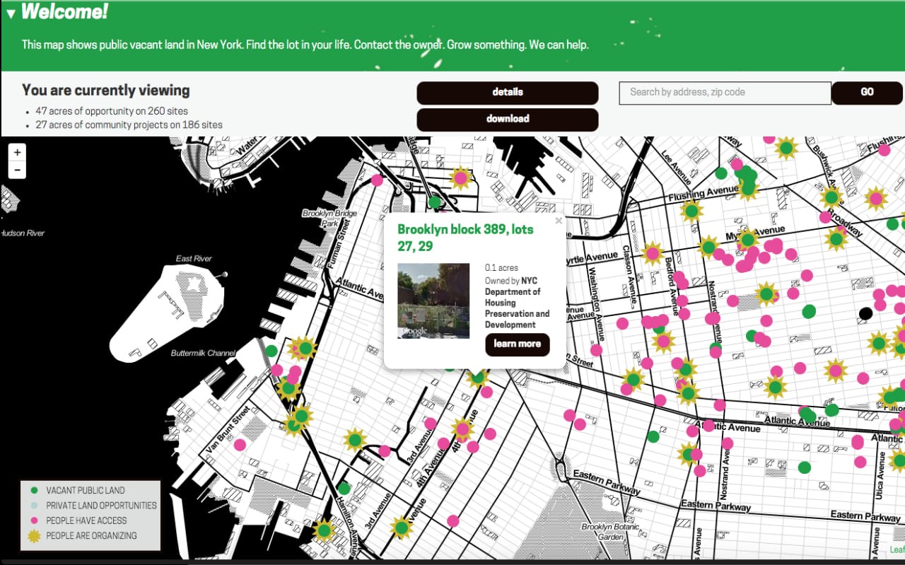 Interacting with the Living Lots NYC map (screenshot by the author for Hyperallergic)