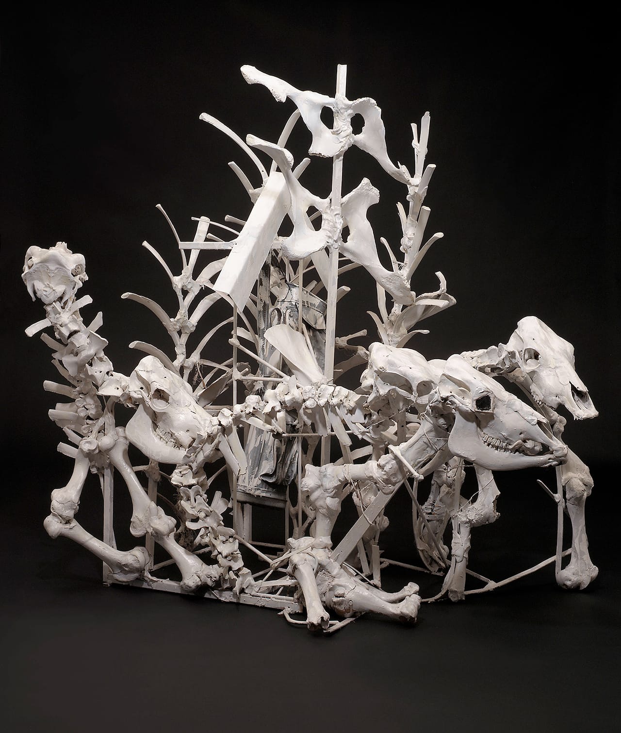 Thornton Dial, “Lost Cows” (2000-2001), cow skeletons, steel, golf bag, golf ball, mirrors, enamel, and Splash Zone compound, 76.5 x 91 x 52 inches (photo by Stephen Pitkin/Pitkin Studio, courtesy Souls Grown Deep Foundation) (click to enlarge)